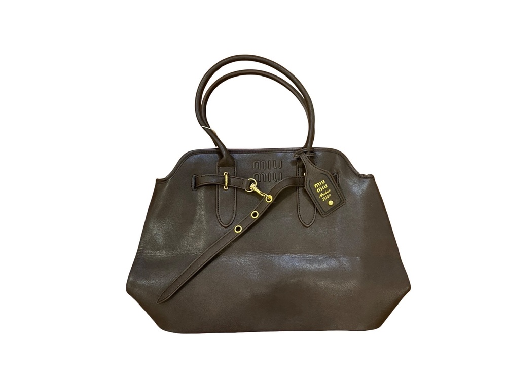 Miu Miu Dark Brown Leather Tote Bag Large Logo Handbag w/ Dust Bag
